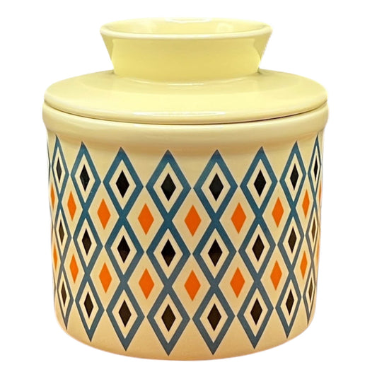 French Ceramic Butter Crock with Lid for Countertop - Retro Diamond