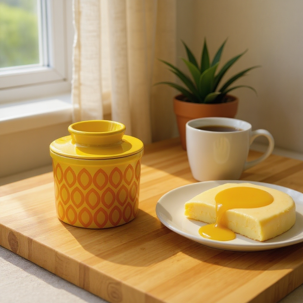 French Ceramic Butter Crock with Lid for Countertop - Yellow Ovals